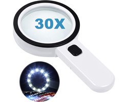 Vergrootglas - LED Verlichting - 30X Dubbele Glazen Lens - Voor Lezen & Inspectie - Handvergrootglas Senioren - Hulp bij Maculadegeneratie - Wit - One Size - 1 stuk