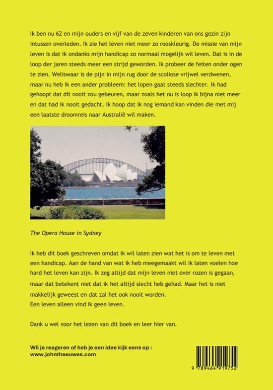 Boekomslag met gele achtergrond. Tekstpagina met foto van het Operagebouw in Sydney. Tekst in het Nederlands.