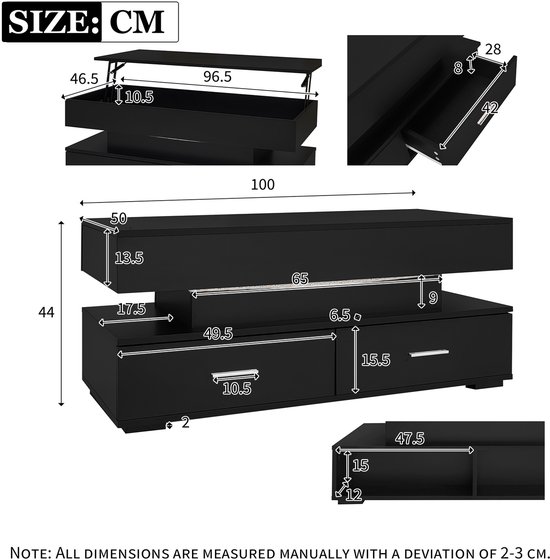 KAZZIO Hydraulisch verstellen salontafel, 100 x 50 x 44 cm, LED-verlichting, Bluetooth-bediening, 2 laden, opklapbaar (wit