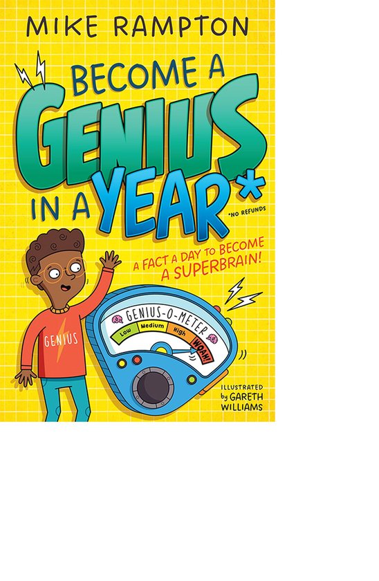 Boek "Word een Genie in een Jaar" met illustratie van een jongen en een "Genius-O-Meter".