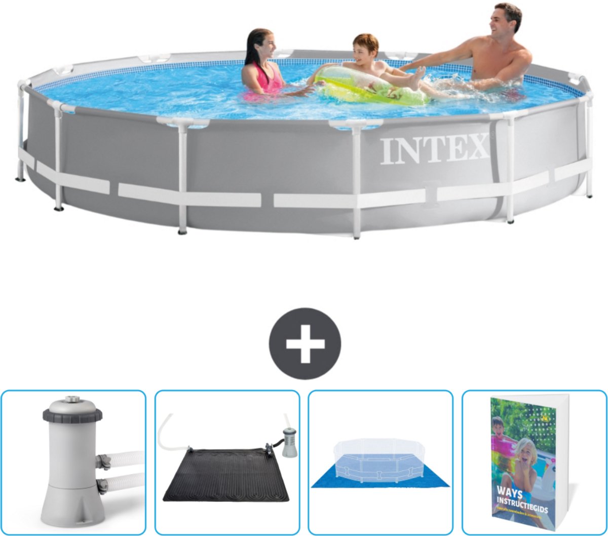 Intex Rond Prism Frame Zwembad - 366 x 76 cm - Grijs - Inclusief Zwembadfilterpomp - Solar Mat - Grondzeil - Zwembadgids