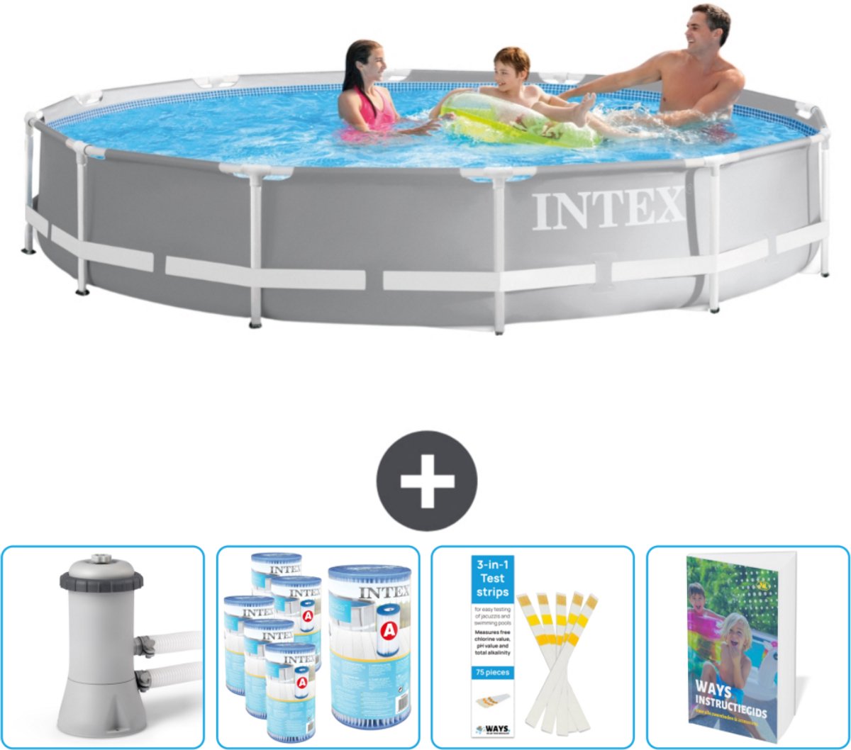 Intex Rond Prism Frame Zwembad - 366 x 76 cm - Grijs - Inclusief Zwembadfilterpomp - Filters - Testrips - Zwembadgids