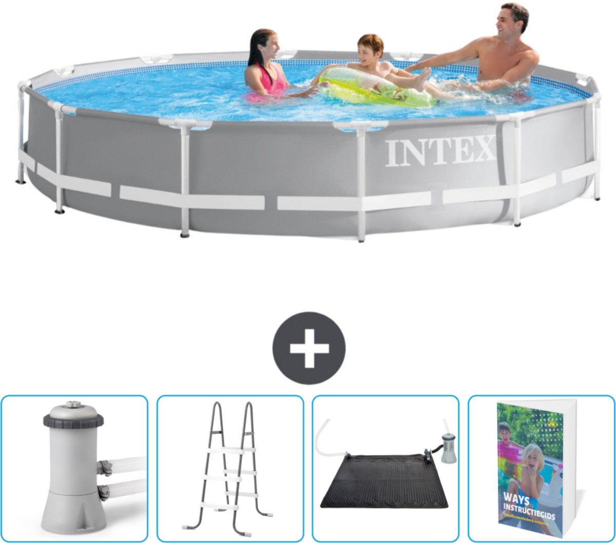 Intex Rond Prism Frame Zwembad - 366 x 76 cm - Grijs - Inclusief Zwembadfilterpomp - Ladder - Solar Mat - Zwembadgids