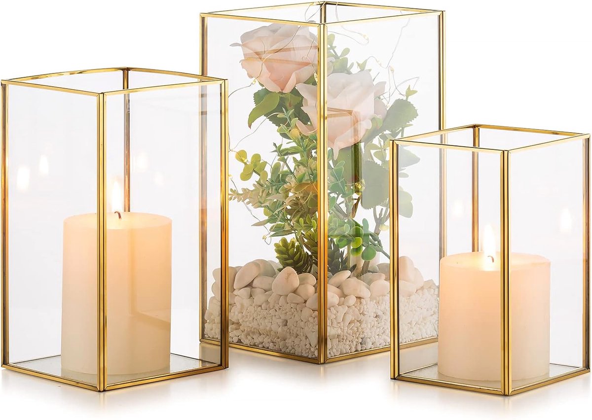 Kaarsenhouder Hurricane Glas Set van 3 - Decoratieve Kandelaars voor Pilaar Gehard Glas Buiten - Bruiloft Kerstmis Halloween Woonkamer - Tabletop Haard Home Decor Goud