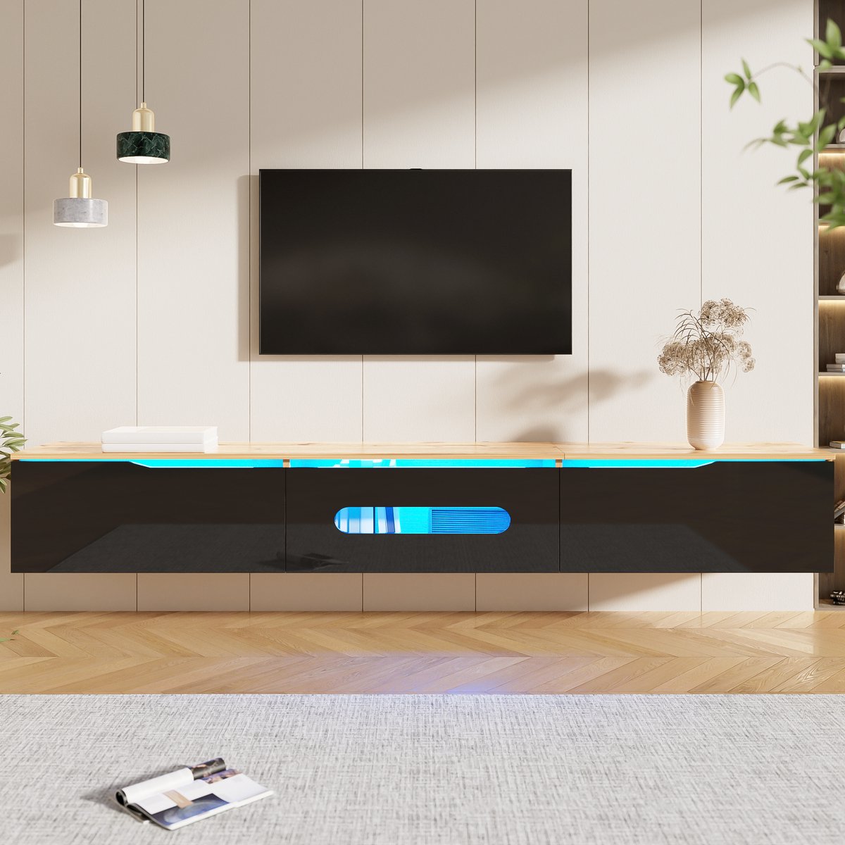 Merax Tv-meubel - 180 x 35 x 30 cm - glanzende afwerking - met 16-kleuren LED-verlichting - wandmontage Houtkleur