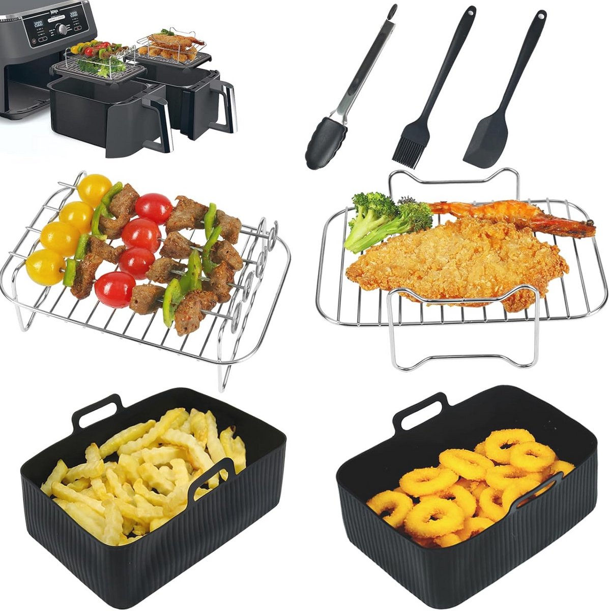Airfryer Accessoires met Siliconen Voeringen en Rekken voor 2 Manden Airfryer