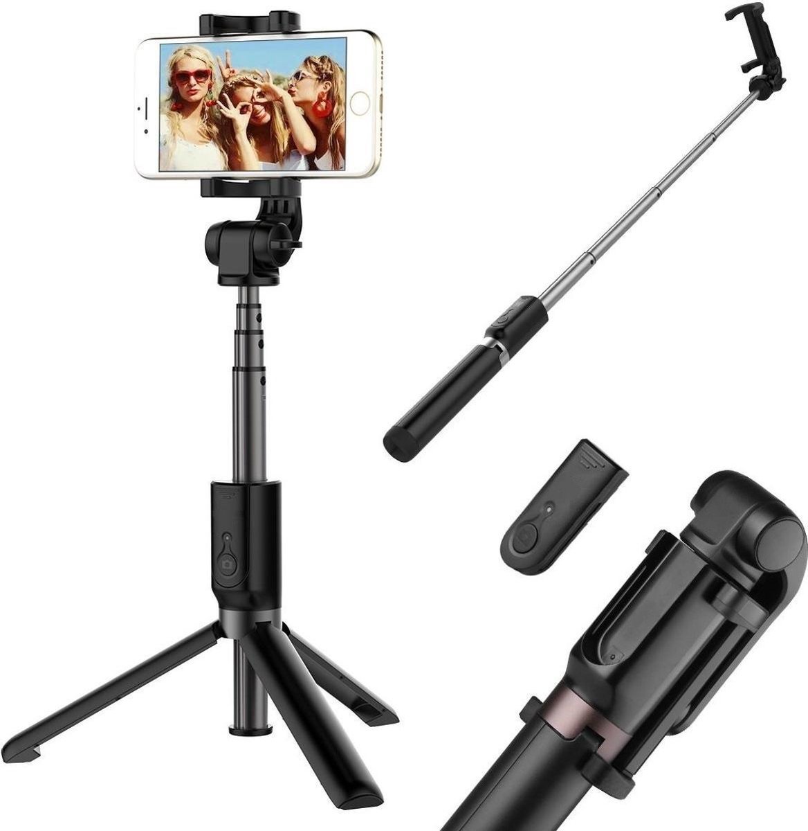 Ntech 3 in 1 Selfie Stick met Afstandsbediening en Foldable Tripod Stand Samsung Galaxy S10/S10+/S10e A50/A70/A70s/A40/A30/A7(2018) - Zwart