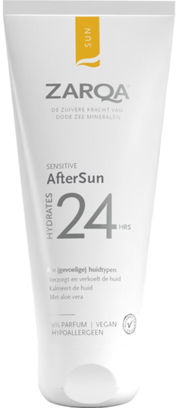 ZARQA AfterSun Sensitive, witte tube met gele en grijze tekst. Hydrateert 24 uur.