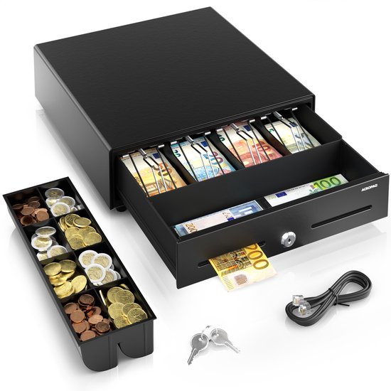 ACROPAQ Kassalade - Compatibel met 6P/4C RJ11 kassa, 8 muntsorteerders en 4 biljettenopslag, Maat (34 x 33 x 10 cm), Robuuste metalen behuizing - Kassa lade