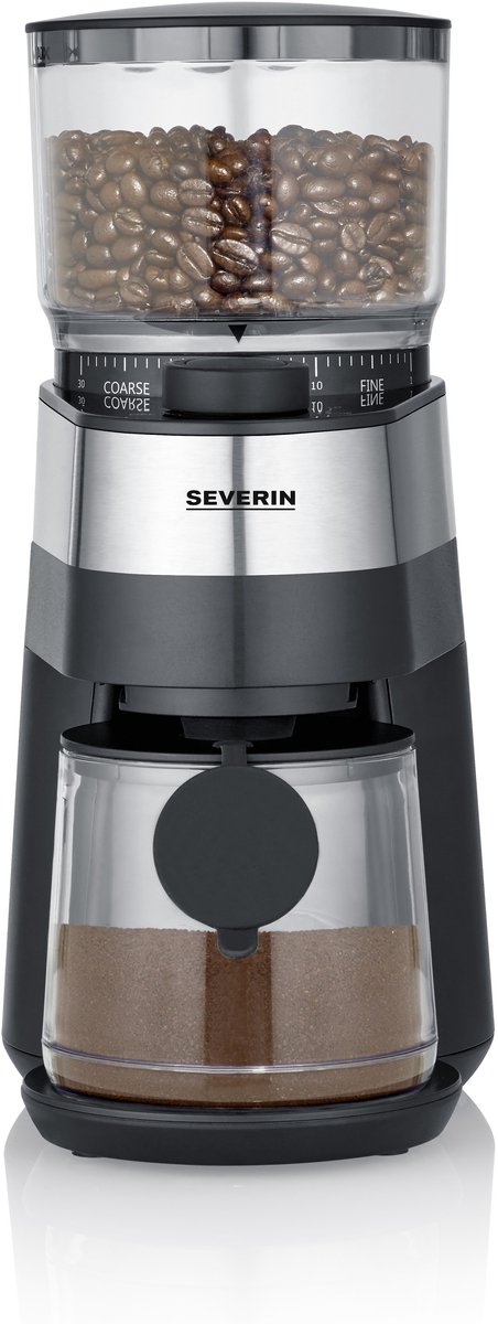 Severin KM 3880 Koffiemolen, ca. 140 W, aromatische biomassaschijfmolen, variabele hoeveelhedendosering voor 2-4-6-8-10 kopjes, maalgraad in 30 stappen, groot transparant bonenreservoir van 240 g, Poederreservoir (130 g) met aromakegel