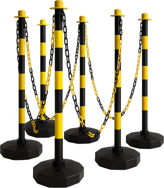 Technosafety – Poteaux de clôture jaune- Zwart – 10 poteaux incl. Chaîne 44M – Poteaux de chaîne – Ruban de délimitation – Plastique