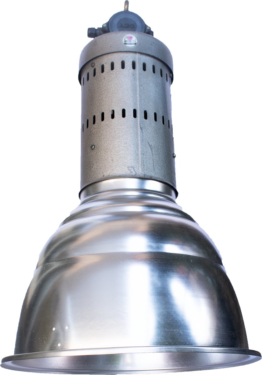 Unieke vintage door Econe gereviseerde fabriekshanglamp met aluminium reflector kap.