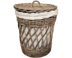 Wasmand Riet met Linnen Binnenhoes - Naturel & Wit - Ø50 x H60 cm - Landelijke Stijl - Rieten wasmand maat L - Decoshoppen.nl