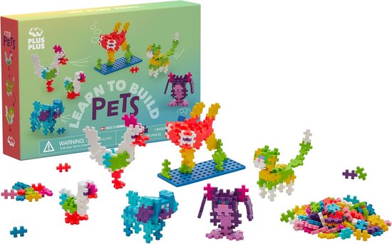 Plus-Plus Learn to Build Pets 75-delige set met kleurrijke bouwstenen om dieren te maken zoals een kip, hond, kat en meer.