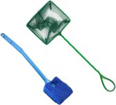 Filet de pêche pour aquarium à mailles fines avec manche en plastique Éponge de nettoyage et brosse pour aquarium (ensemble de 2 pièces)