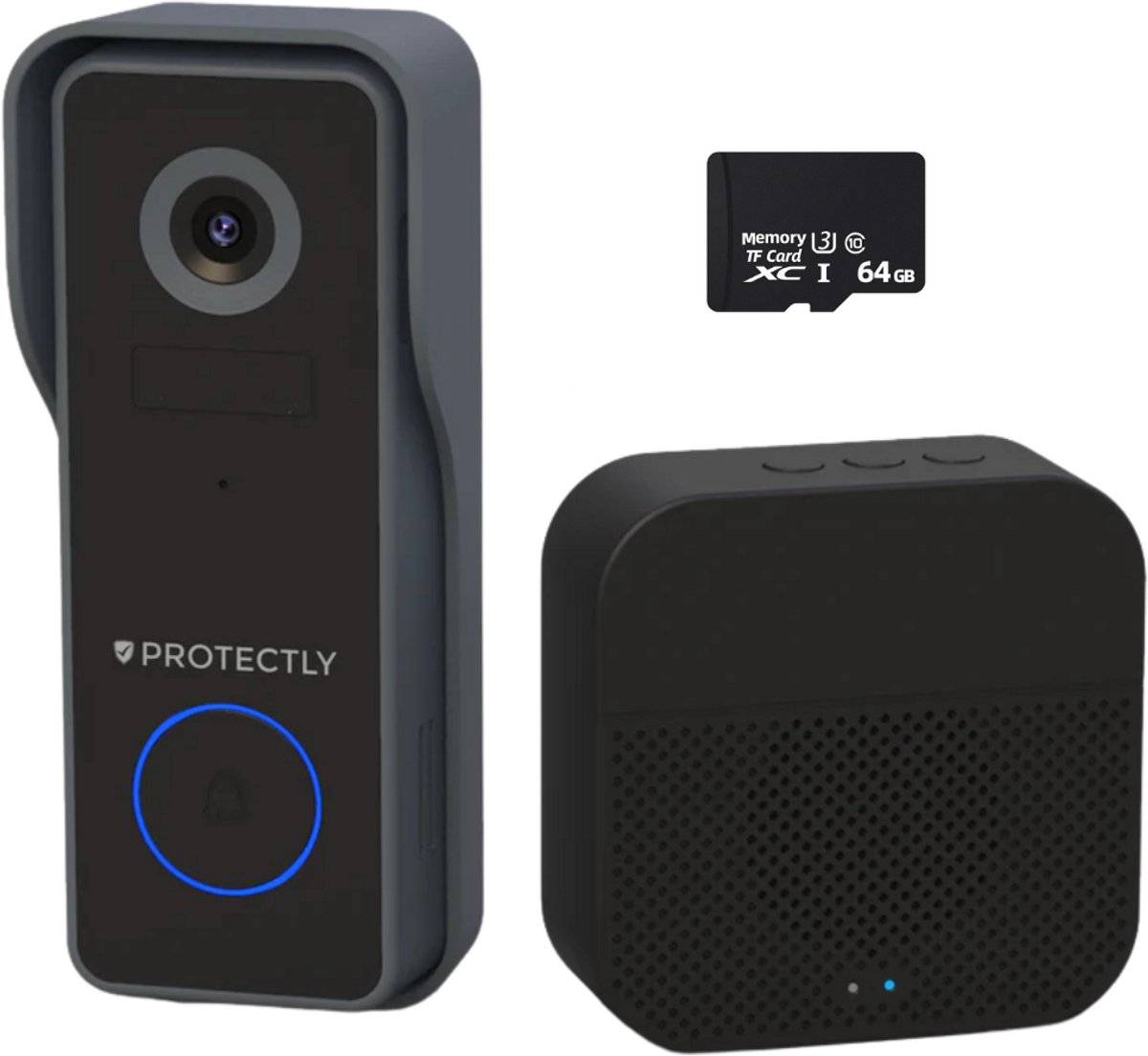 Protectly® Slimme Draadloze Video Deurbel Met Camera - 2K Ultra HD - Deurbellen Met Camera - Deurbel Draadloos WiFi - Waterdicht - Incl. Gong - Incl. 64GB SD - Geen abonnement