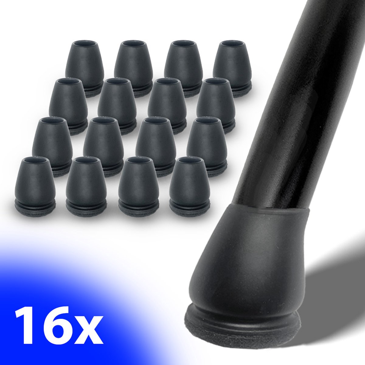 FSW-Products - 16x Flexibele Stoelpootdoppen met Zwart Vilt - Voor Schuine Stoelpoten 14–20mm - Anti-Kras & Geluidsdempend - Stoelpoot Beschermers voor Houten & Tegelvloeren - Vloerbescherming