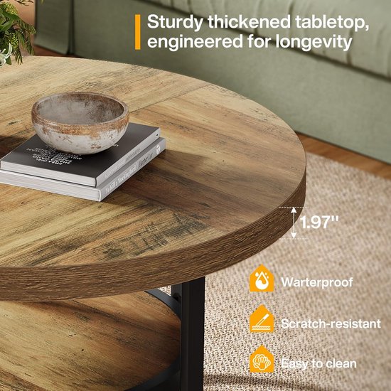 TRIBESIGNS - Table basse ronde - Table basse avec étagère de rangement - Table d'appoint marron - Table - Table d'appoint pour salon, bureau à domicile - 79 x 79 x 45 cm