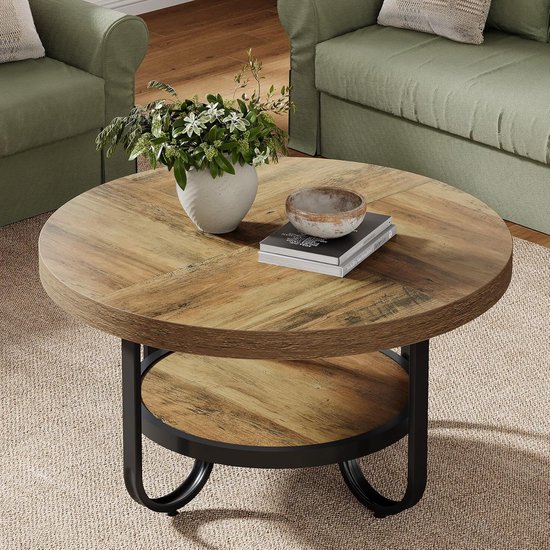 TRIBESIGNS - Table basse ronde - Table basse avec étagère de rangement - Table d'appoint marron - Table - Table d'appoint pour salon, bureau à domicile - 79 x 79 x 45 cm