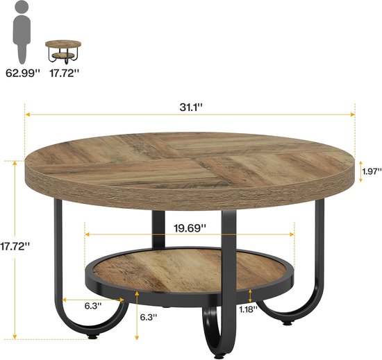 TRIBESIGNS - Table basse ronde - Table basse avec étagère de rangement - Table d'appoint marron - Table - Table d'appoint pour salon, bureau à domicile - 79 x 79 x 45 cm