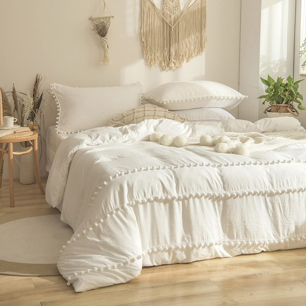 Ibenzoa Stijlvol Boho Chic Beddengoedset met Pompon Franjes en Zachte Microvezel voor Luxe Comfort pompons franjes wit