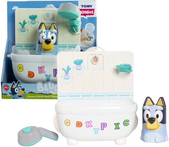 Een Bluey badspeelgoedset in verpakking, met een witte badkuip met Bluey-figuur en accessoires.