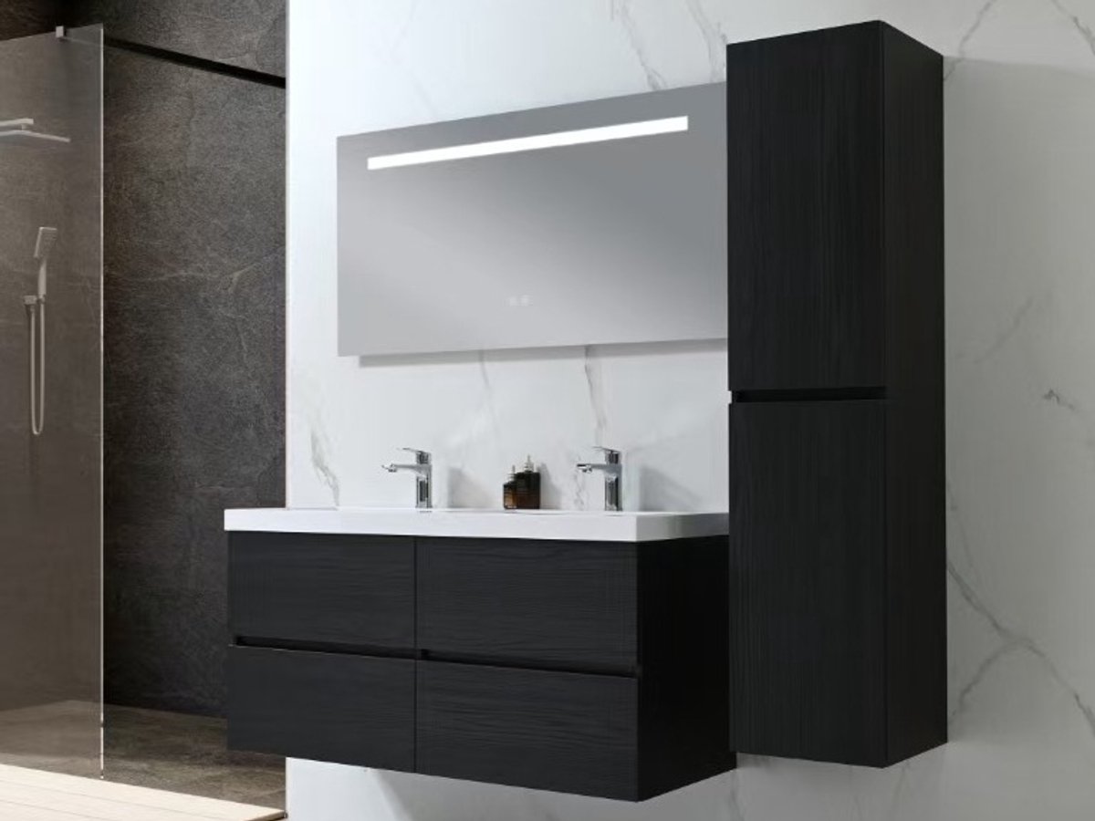 Badkamermeubelset Haviklux 120 cm - Donker hout - Dubbele wasbak - 1 zijkast - Incl. kranen