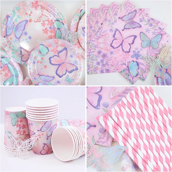 Vlinder feestserviesset, 8 jaar, vlinder, verjaardagsfeestje, servies, ballonnen, papieren borden, tafelkleed voor verjaardagsdecoratie, meisjes, feestdecoratie, 16 gasten