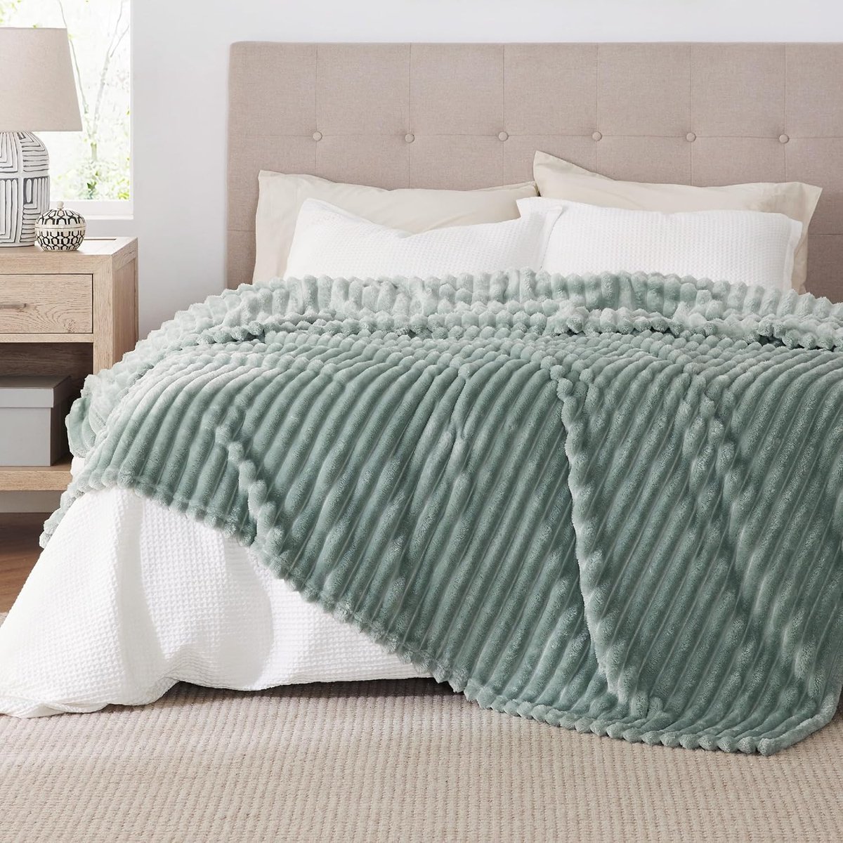 Famanu - Behaaglijke deken, wollige deken, fleecedeken, zacht, warm, grof ribdeken, comfortabele bankdeken, XXL, knuffeldeken, groot, groen, 240 x 220 cm