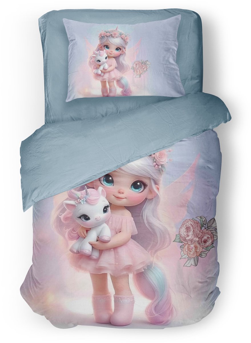 Eleganzzz Kinder Dekbedovertrek Princess Nights - Prinses Dekbedovertrek met Eenhoorn - Multi - 140x200/220cm - Dekbedovertrek Kinderen - Micropercal - Eenpersoons Princess Nights Multi