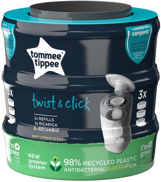 Recharge Tommee Tippee Twist & Click pour poubelle à couches avec 3x recharges. Système vert, 98% plastique recyclé, film antibactérien greenfilm, parfum citron doux.