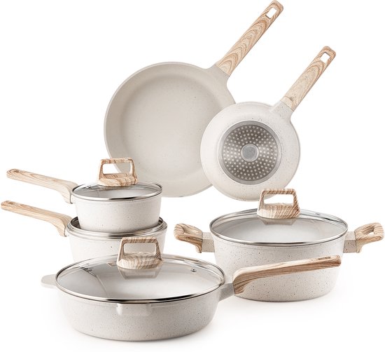 Batterie de cuisine antiadhésive en granit 17 pièces, compatible induction, avec Poêles à frire, sauteuses, sauteuse, couvercle en Verres trempé et protections, Wit