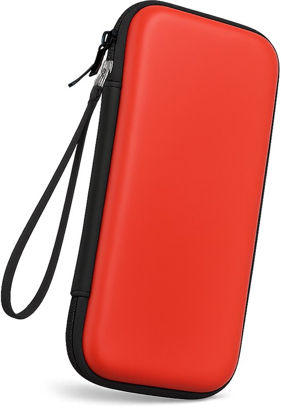 Een gesloten rode, rechthoekige hardcase voor Nintendo Switch met een zwart koord en rits.