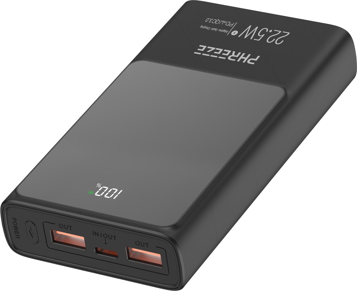 Phreeze PB06 Powerbank 20000 mAh Zwart 22.5W GaN Snellader