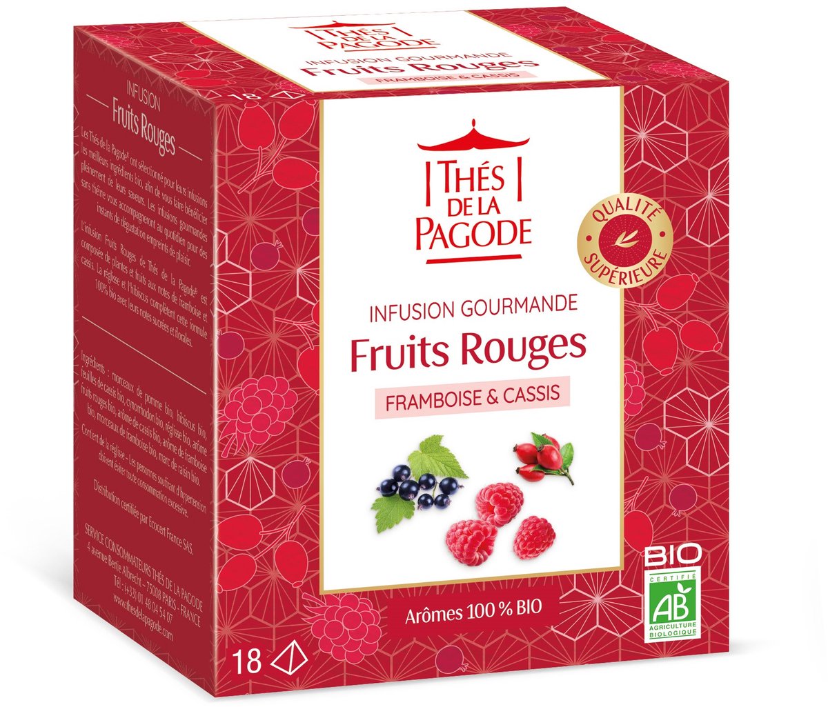 Thes de la Pagode - Kruidenthee Fruits Rougesn - Biologische kruidenthee met framboos en zwarte bes. Cafeïnevrij! - 18 theezakjes