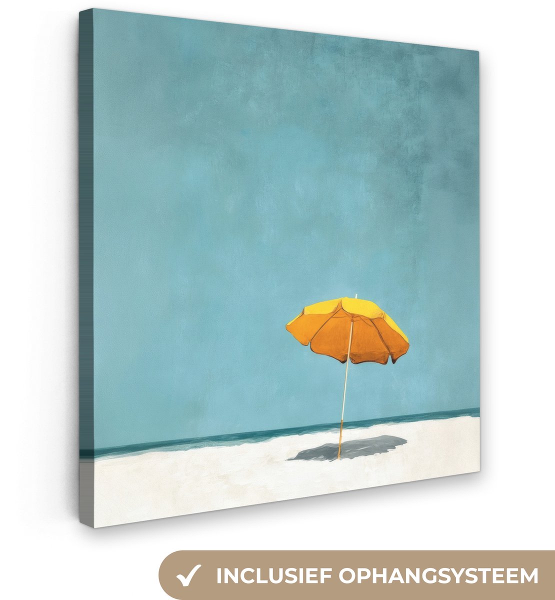 Canvas schilderij 20x20 cm - Exclusieve wanddecoratie Parasol - Geel - Strand - Zee - Muur
