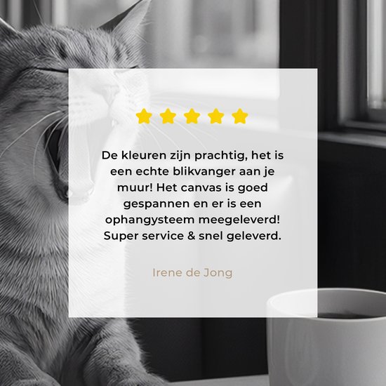 Canvas schilderij 80x120 cm - Exclusieve wanddecoratie Kat - Koffie - Brood - Zwart - Muurdecoratie woonkamer - Slaapkamer decoratie - Kamer accessoires - Schilderijen op canvas