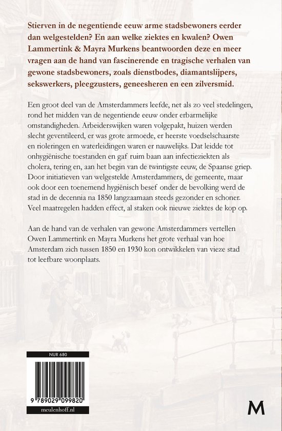Achterkant van een boek met de titel 'En toen brak de pleuris uit', met tekst en een zwart-wit gestreepte barcode.