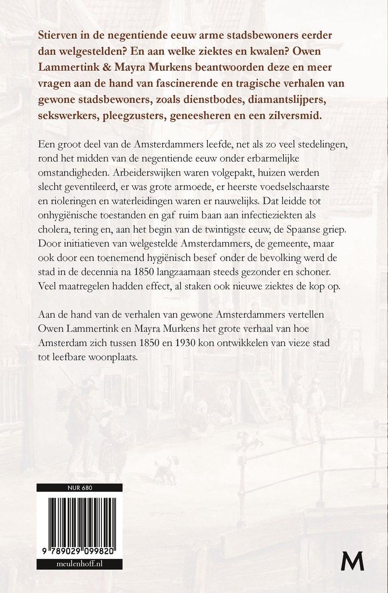 Achterkant van een boek met de titel 'En toen brak de pleuris uit', met tekst en een zwart-wit gestreepte barcode.