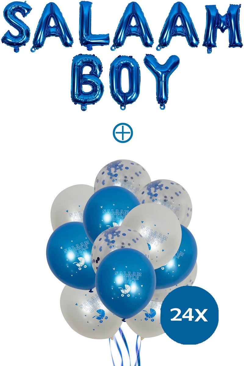 Salaam Baby Ballonnenset – 24 Salaam Little Boy Ballonnen + Salaam Boy Folie Letterballon – Babyshower Versiering Jongen – Geboorte Versiering – Gender Reveal Decoratie – Aqiqah Feest – Islamitische Babydecoratie - Blauwe Ballonnen