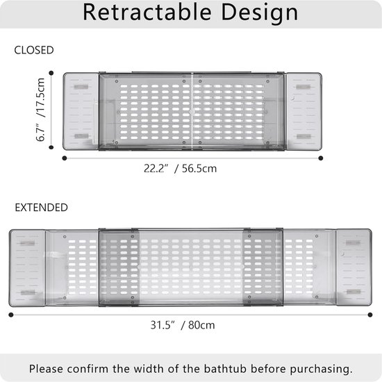 Bed- en badtafel met uitschuifbare zijkanten en poten