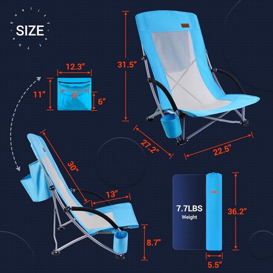 Chaise de plage, chaise de plage, pliable, légère, chaise de camping, pliable, 1 pièce avec glacière, compacte, dossier haut, porte-gobelet et sac de transport (1 bleu)