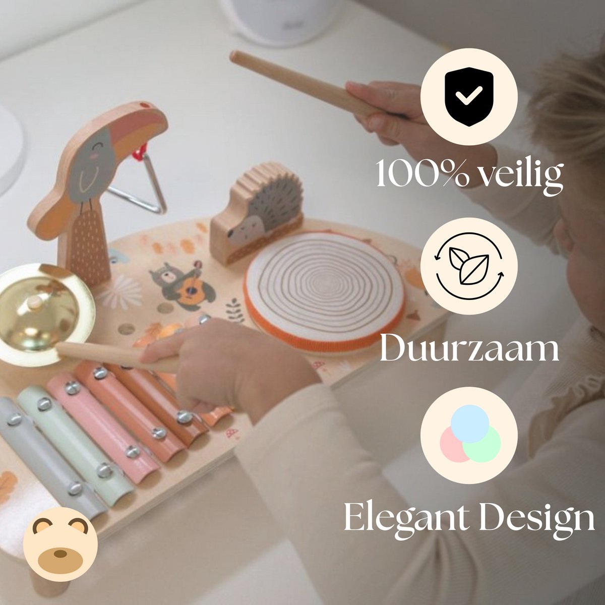 Beebie Babbels - Muziektafel – Muziek Speelgoed - Houten Speelgoed - Speelgoedinstrumenten - Muziekspeelgoed 1 jaar - Met Xylofoon, Triangel en Trommel — afbeelding 5