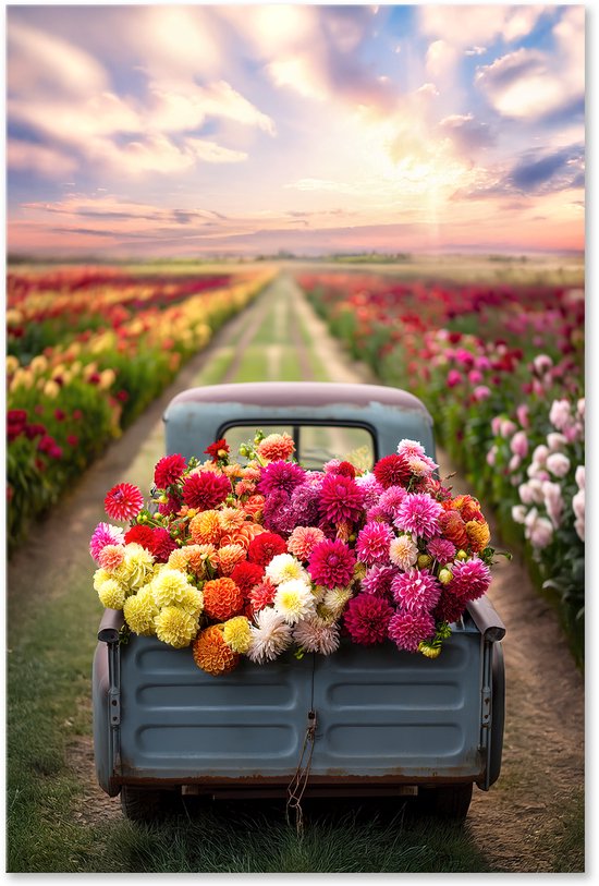 Graphic Message - Tuin Schilderij op Outdoor Canvas - Truck vol met Bloemen - Dahlia's - Dahlia - Buiten Kunst - Bloem Tuindecoratie - Wanddecoratie - Houten Frame - Kleurrijk - 80x120