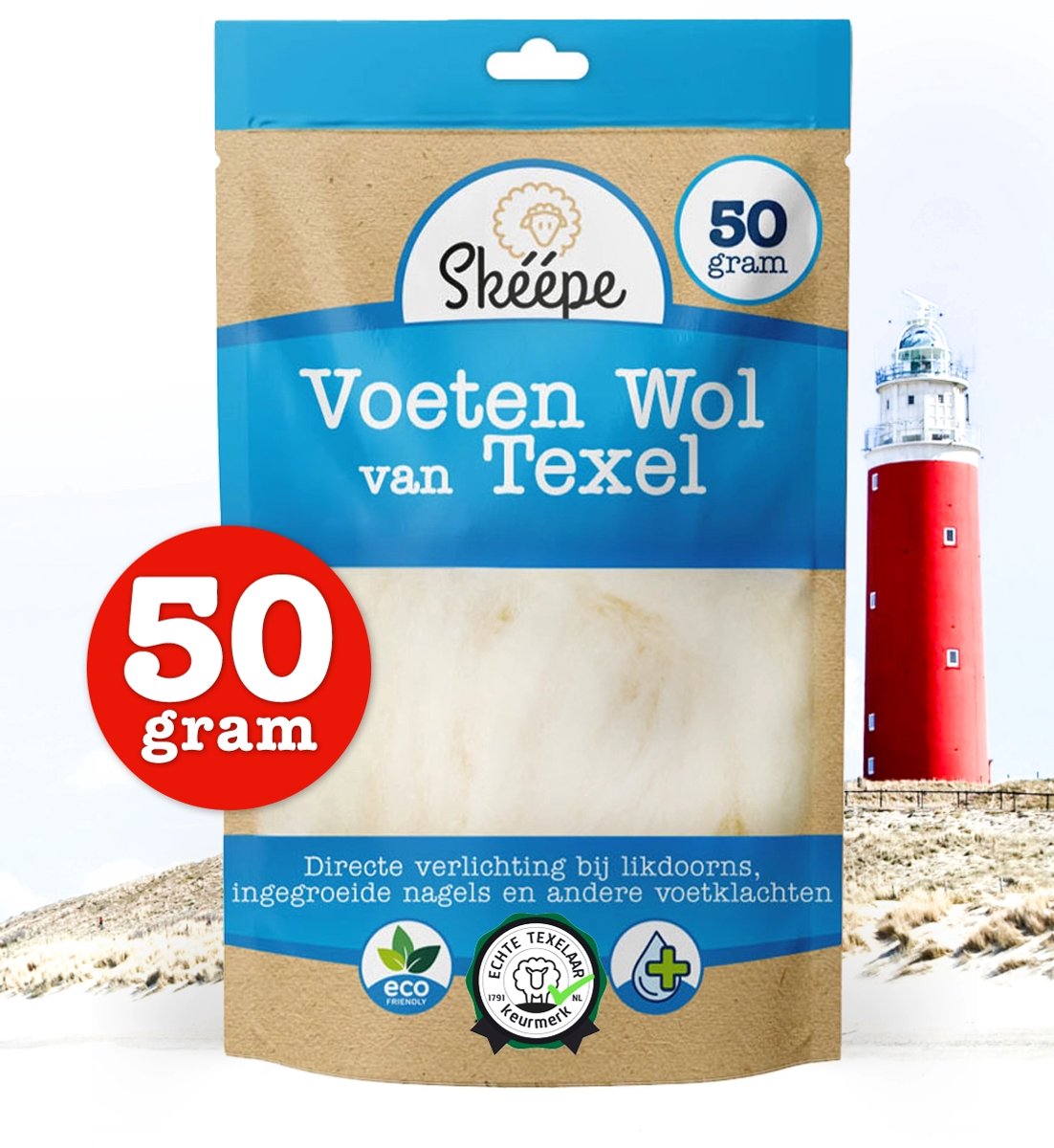 Skéépe - Voetenwol – 50 gr. – Texelse Wol bij voetklachten- Schapenwol Verlicht het ongemak bij hielspoor, voetschimmel, likdoorns en ingegroeide nagels