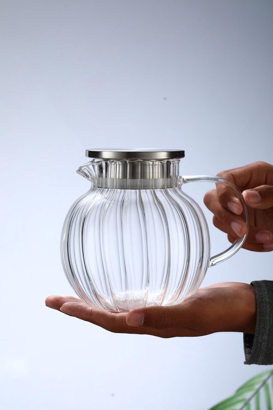 Luvan Wasserkrug, 2 L Glas Krug,Glaskaraffe mit Rostfreier Stahl Deckel, Borosilikatglas Hitzebeständige Karaffe für Teekanne & Saftkanne,Leicht zu reinigen Breit