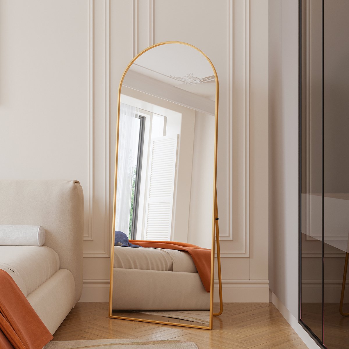 Passpiegel 165x60 cm - Grote wandspiegel met multifunctionele aluminium lijst (hangend/zittend/staand), Passpiegel voor badkamer, slaapkamer, hal of woonkamer, goud