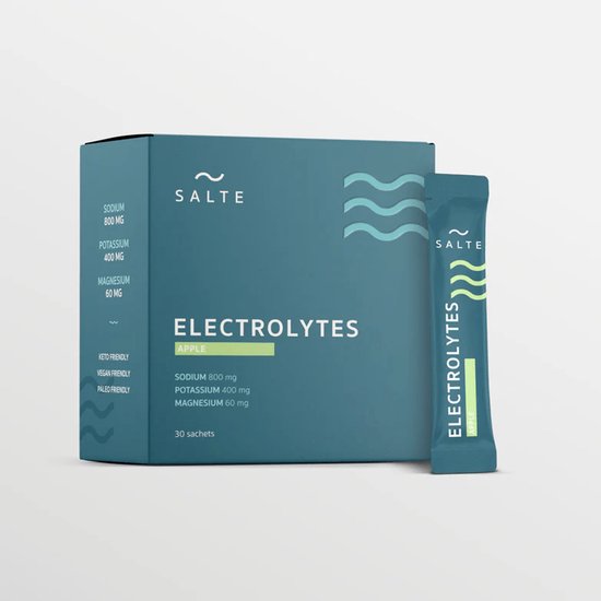 Doosje en sachet met "Salte Electrolytes Apple" erop, met vermelding van 30 sachets.