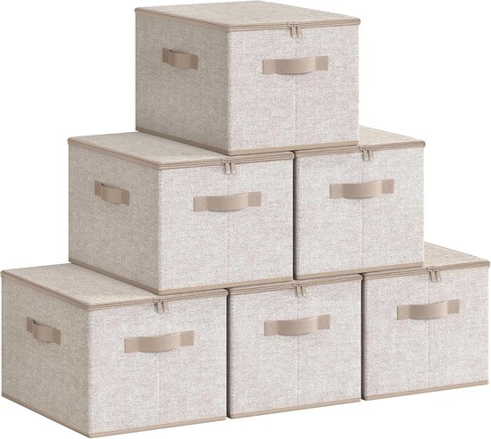 Bigso Box of Sweden Middelgrote opbergdoos met deksel en handgreep, kastbox van polyester en karton in linnenlook, vouwdoos voor kleding, beddengoed, speelgoed enz. – beige