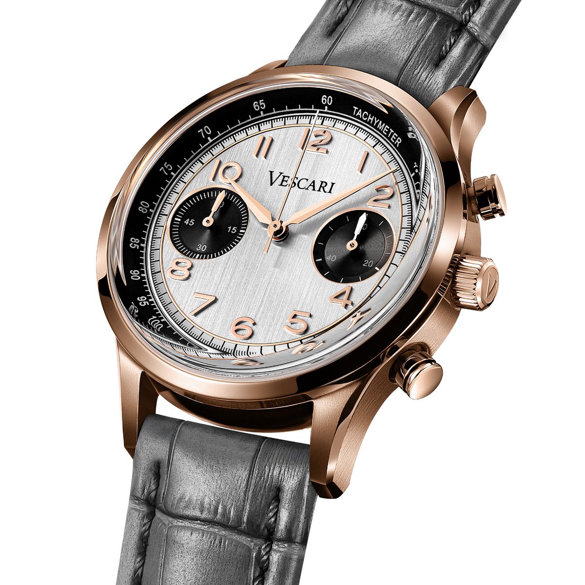 Heren Polshorloge - Vescari - Chronograaf - Zilveren wijzerplaat - Rosegoud - Ø 40 mm